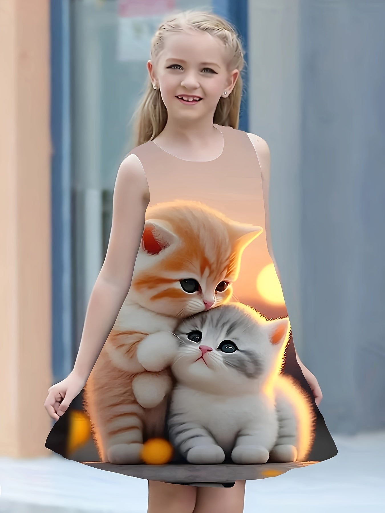 Vestido sin mangas para niñas con estampado de gatito y atardecer para verano y primavera