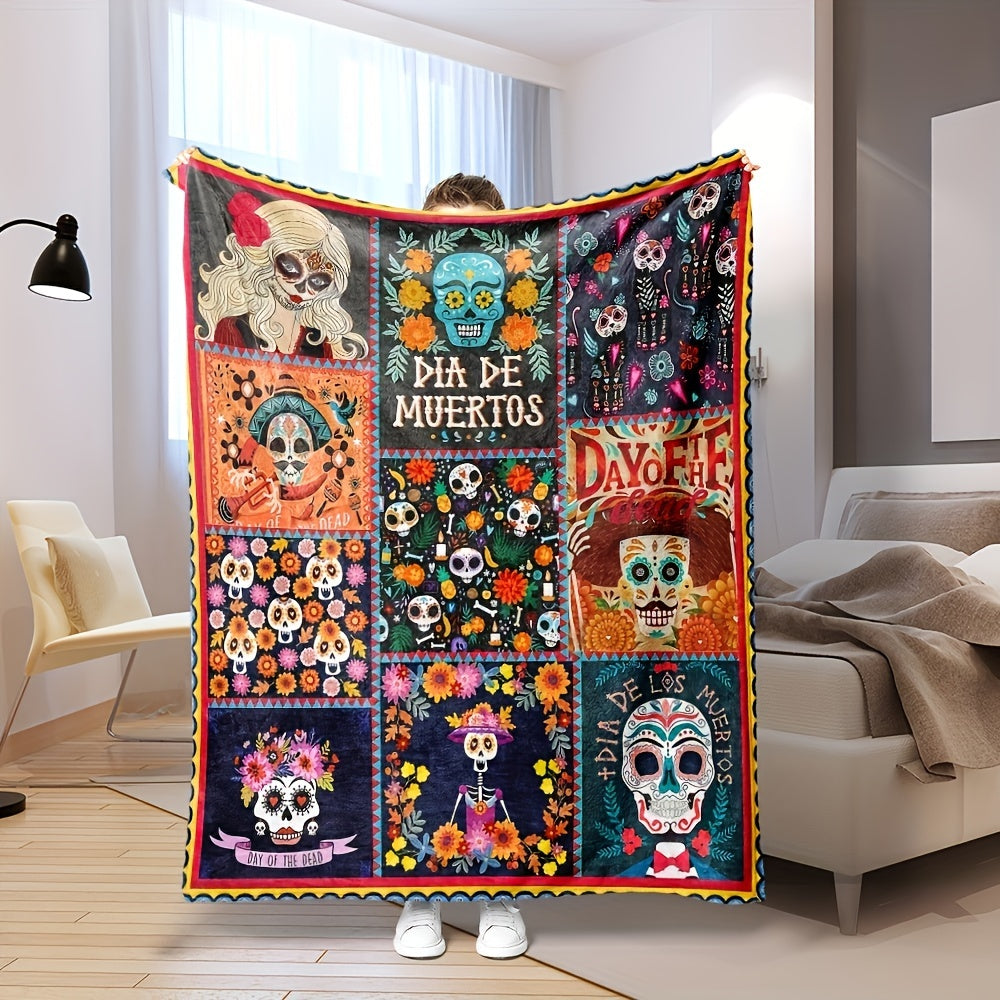 Vintage Dia de Muertos Printed Flannel Throw Blanket All-Season Stain Resistant