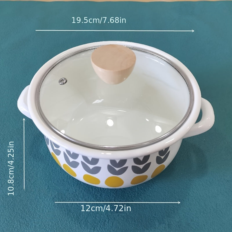 Retro ilhomlangan emal pech: Oq rangda sariq va kulrang dizaynlar bilan vintage ko'rinish, pechda pishirish uchun ideal.