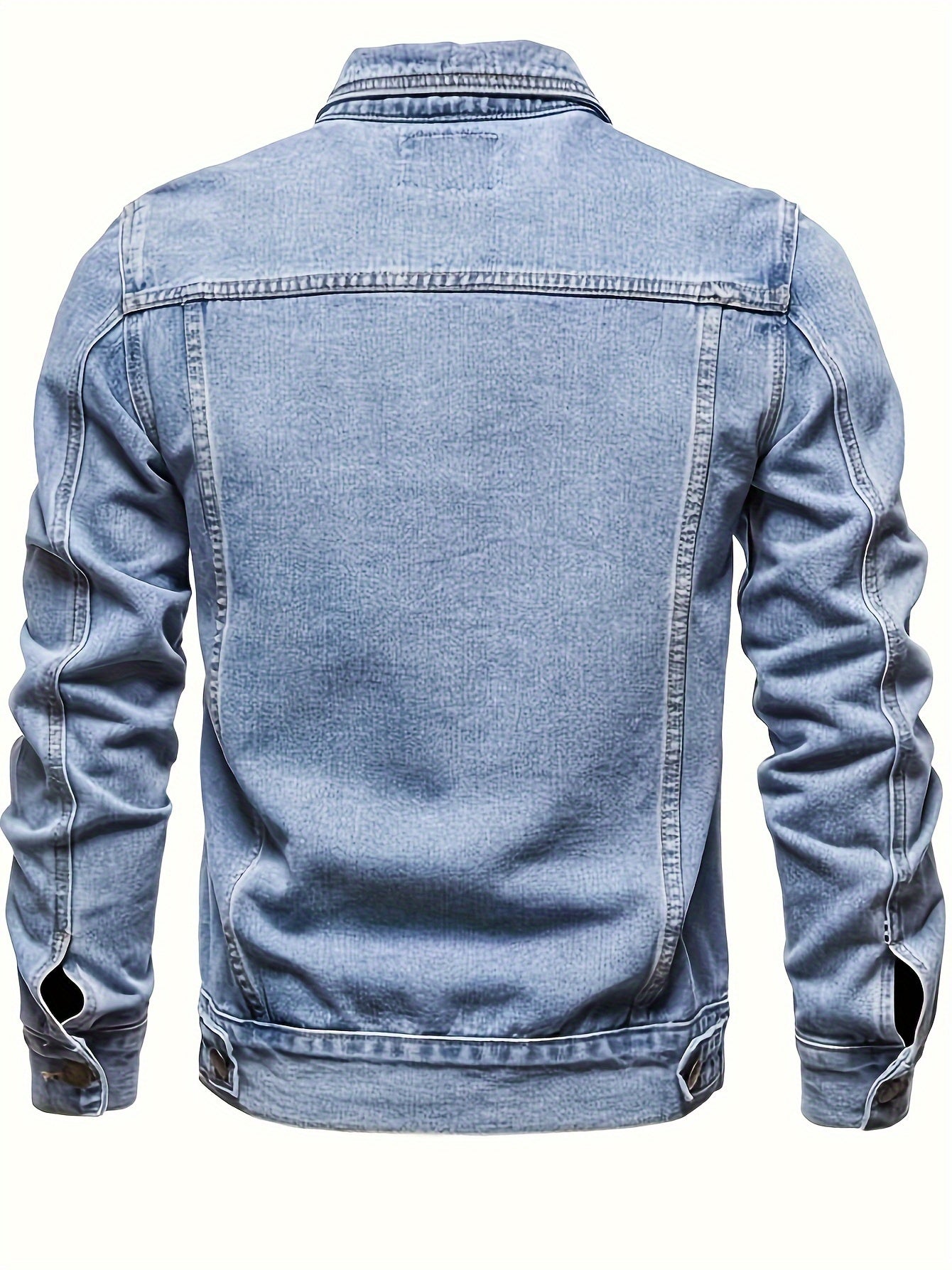 Men's Denim Jacket Long Sleeve Solid Color Woven Workwear with Lapel Pockets