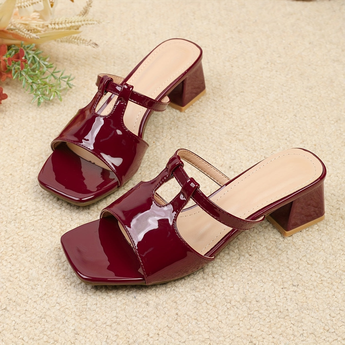 Women Summer Shoes Faux Cover Red Square Toe Mid-Heel Casual Rubber Sole