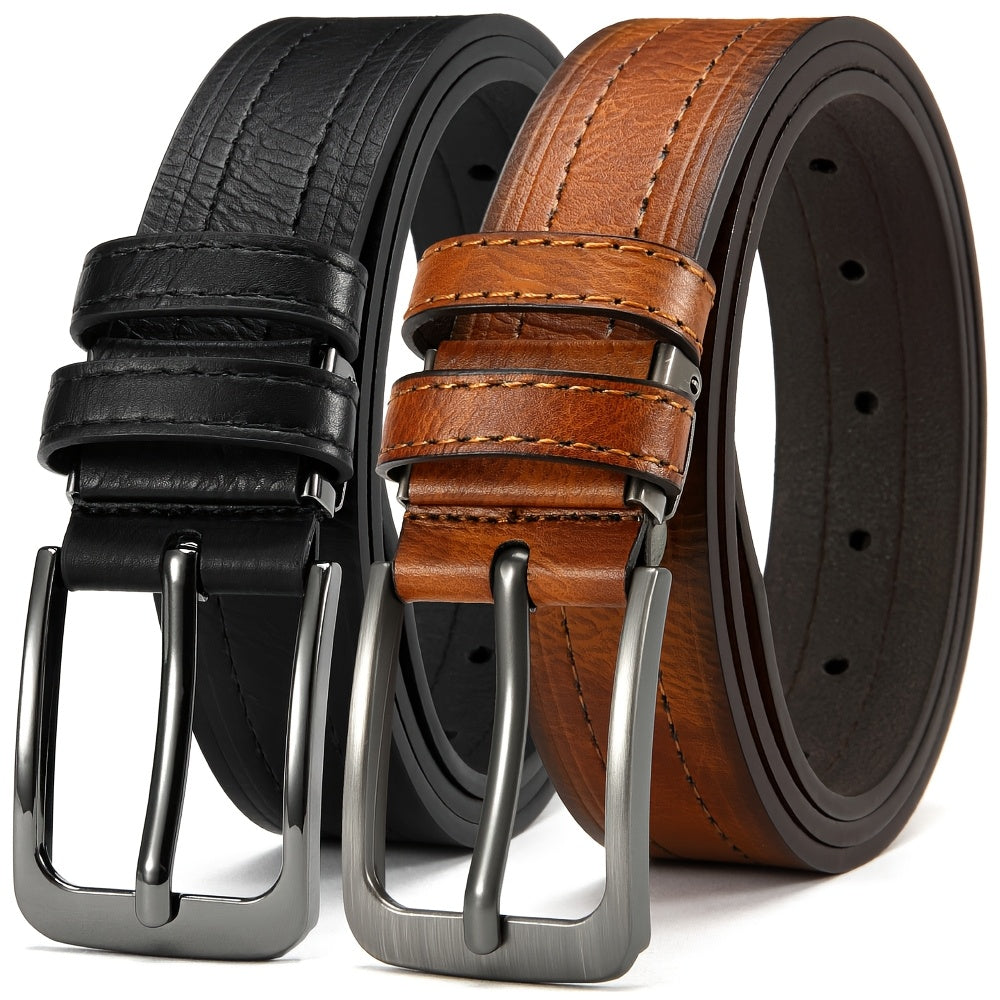 Men's Genuine Leather Belts Adjustable 3.17cm Width Square Buckle for Jeans Dress Pants Black Brown Set