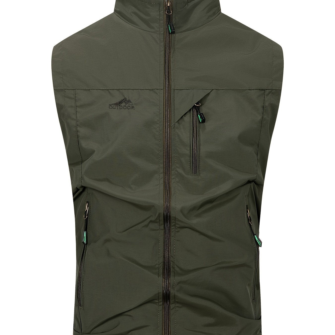 Men's Black Woven Polyester Sleeveless Vest with High Collar and Multiple Zipper Pockets for Outdoor Activities