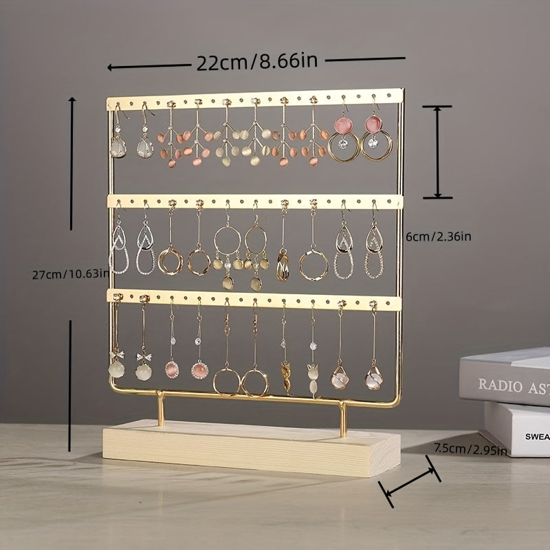 Metal Jewelry Storage Rack with Wooden Base for Earrings Organization