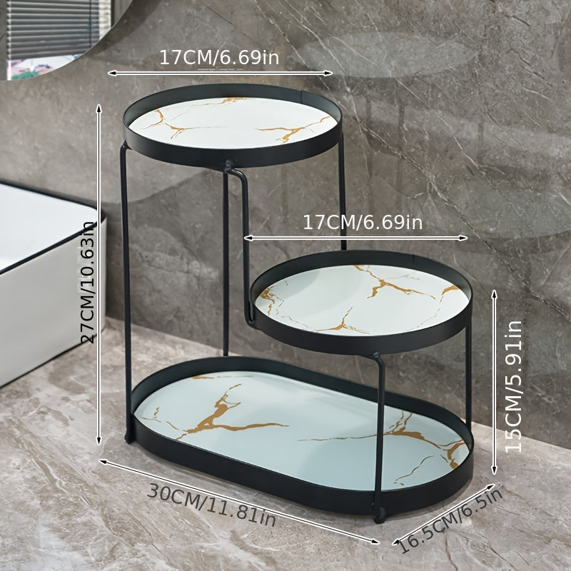 Golden Metal Cosmetic Organizer with 3 Tiers Marble Pattern Vanity Bathroom Storage