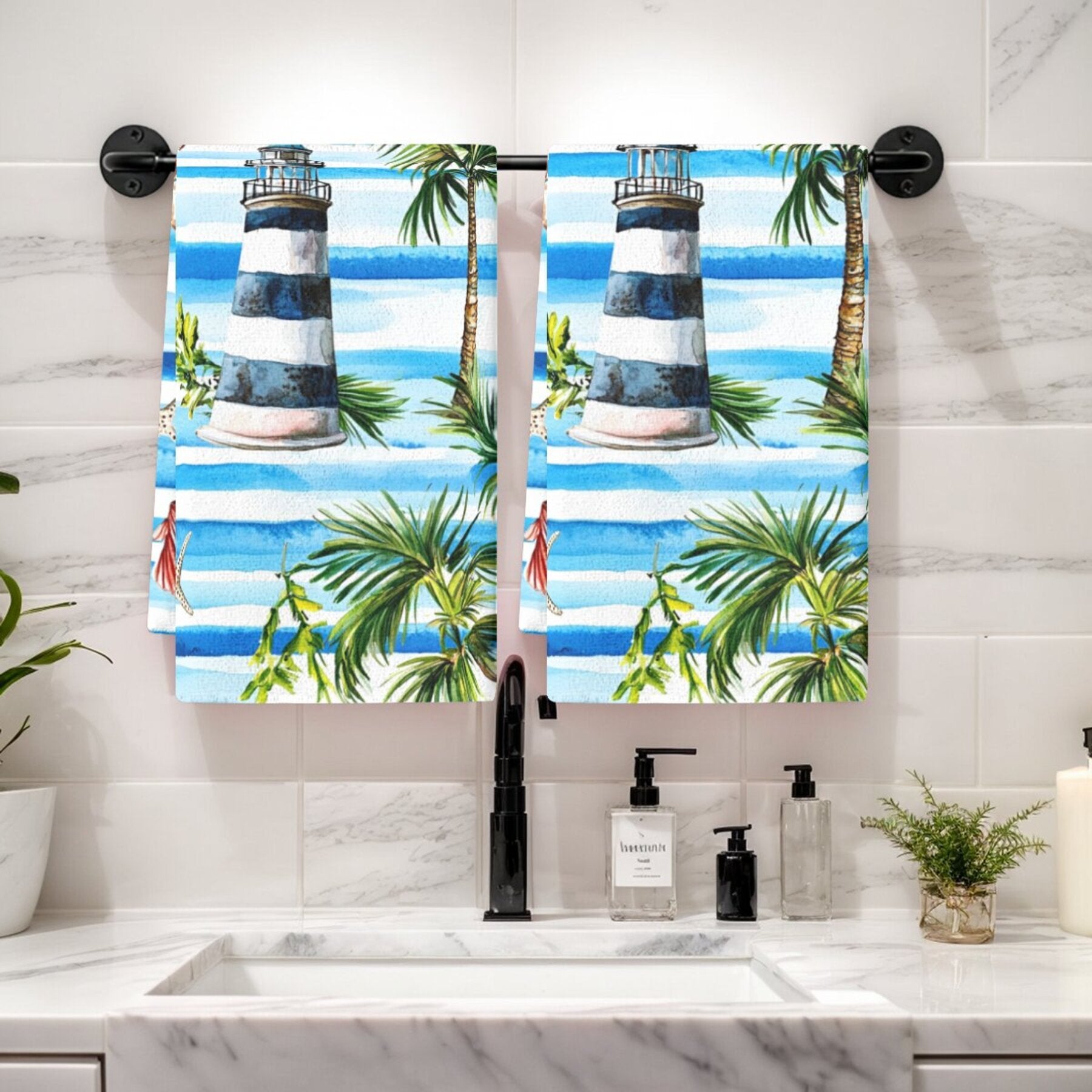 Set of 2 Tropical Lighthouse and Palm Tree Kitchen Towels Absorbent Polyester