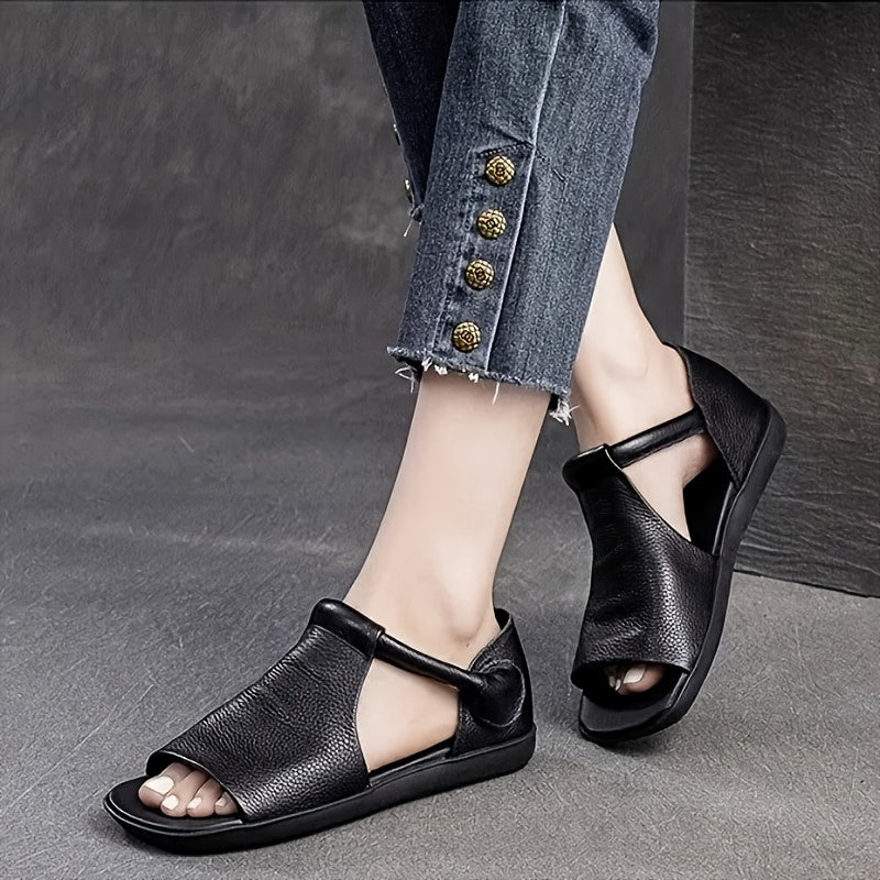 Women's Summer Open-Toe Sandals Breathable PU Low Heel Black Brown Green