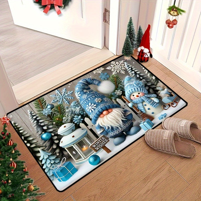 Alfombra de puerta de terciopelo de cristal con gnomo de Navidad azul para decoración de invierno en el hogar