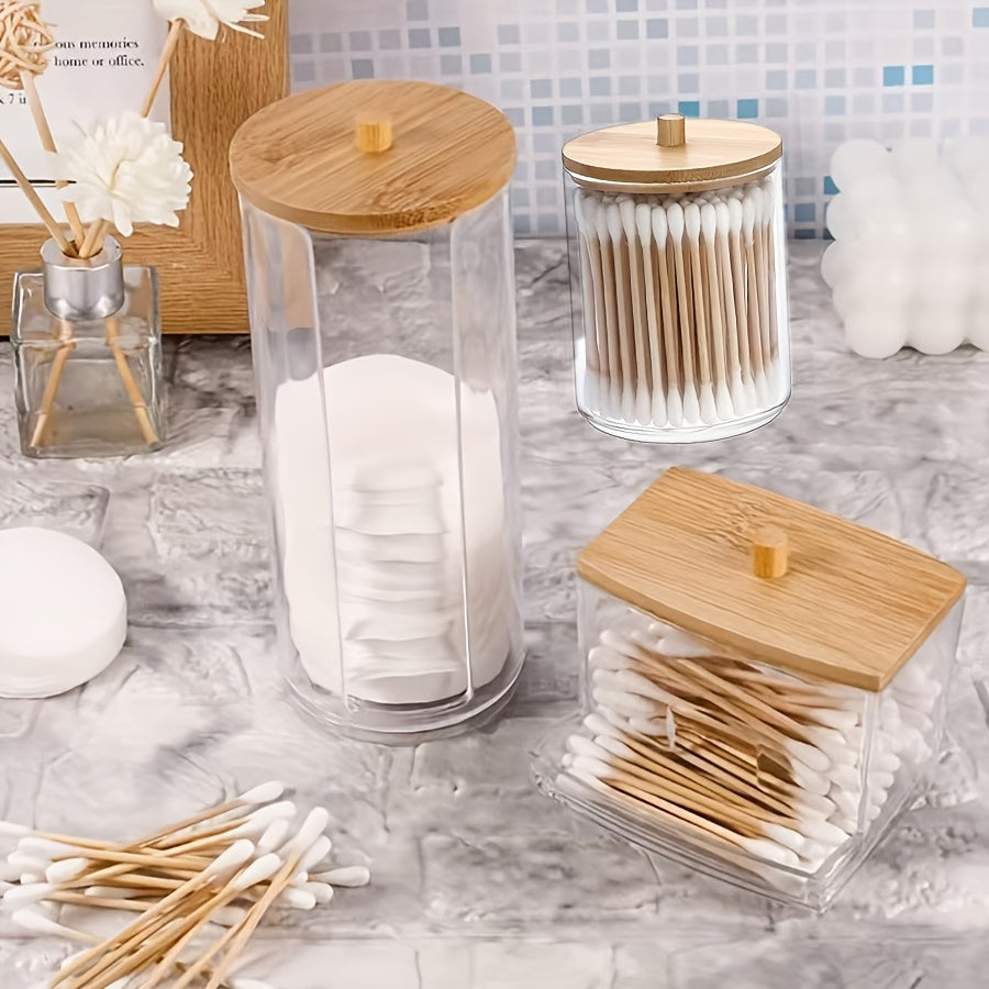 Transparent Storage Jars with Bamboo Lids and Wooden Dispenser for Bathroom and Home Office Organization