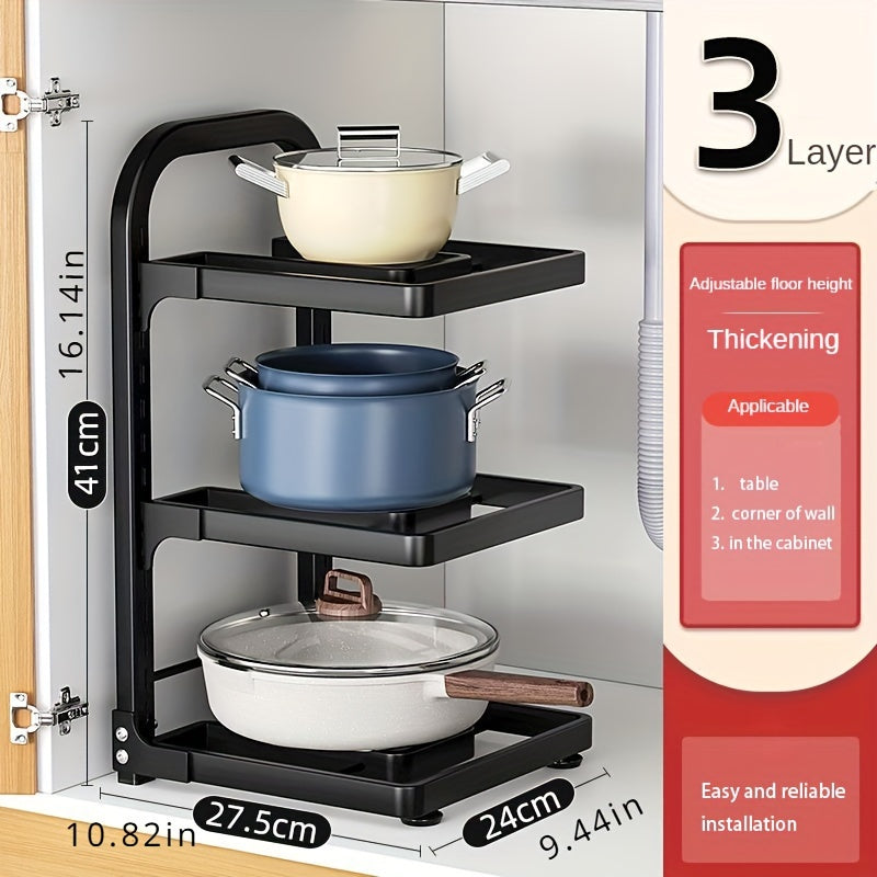 Регулируемая полка для кухонных кастрюль с 3 уровнями — открытая конструкция для легкого доступа, простая установка и надежное решение для хранения вашей посуды.