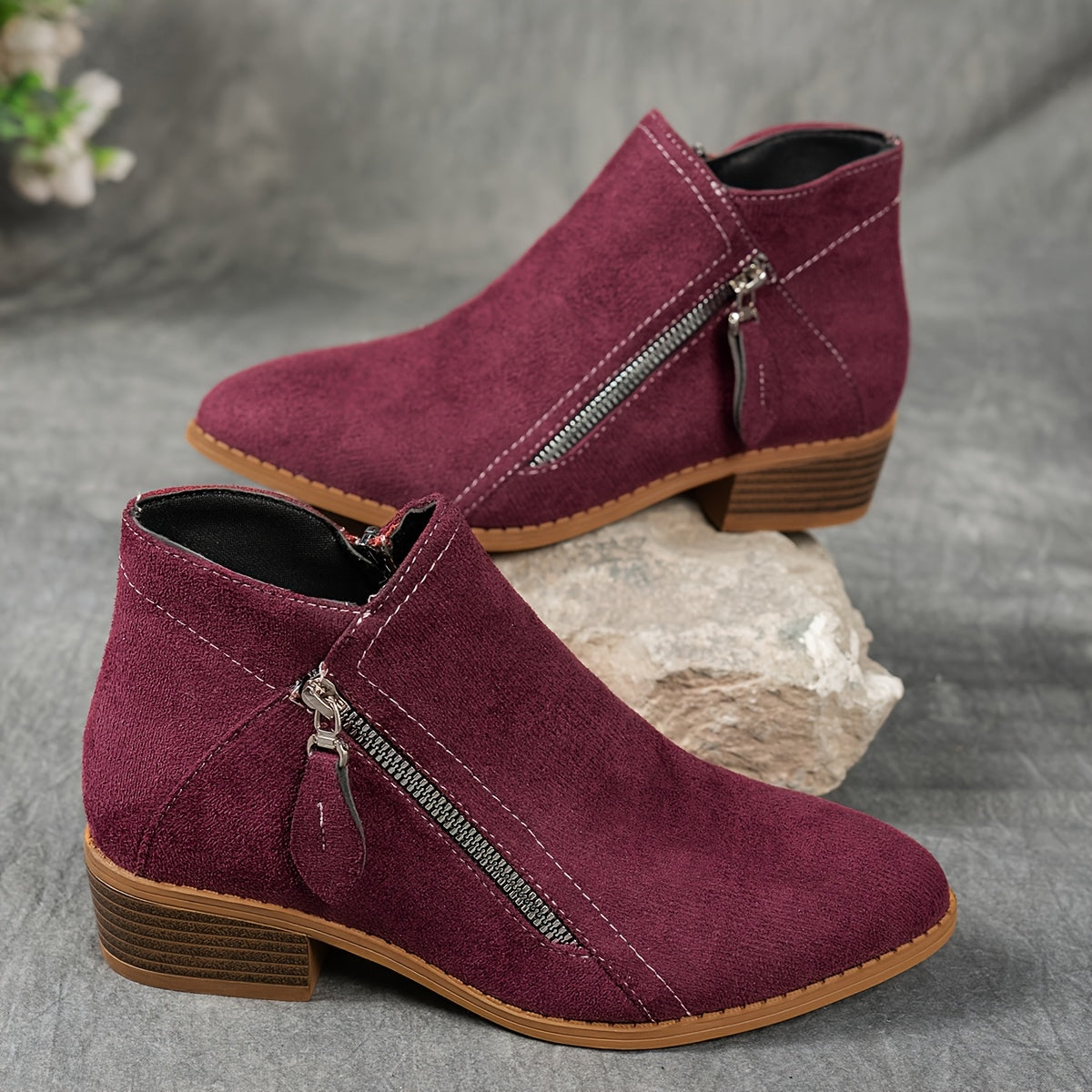 Women's Velvet Chunky Heel Ankle Boots with Slip-On Zipper and Non-Slip Sole
