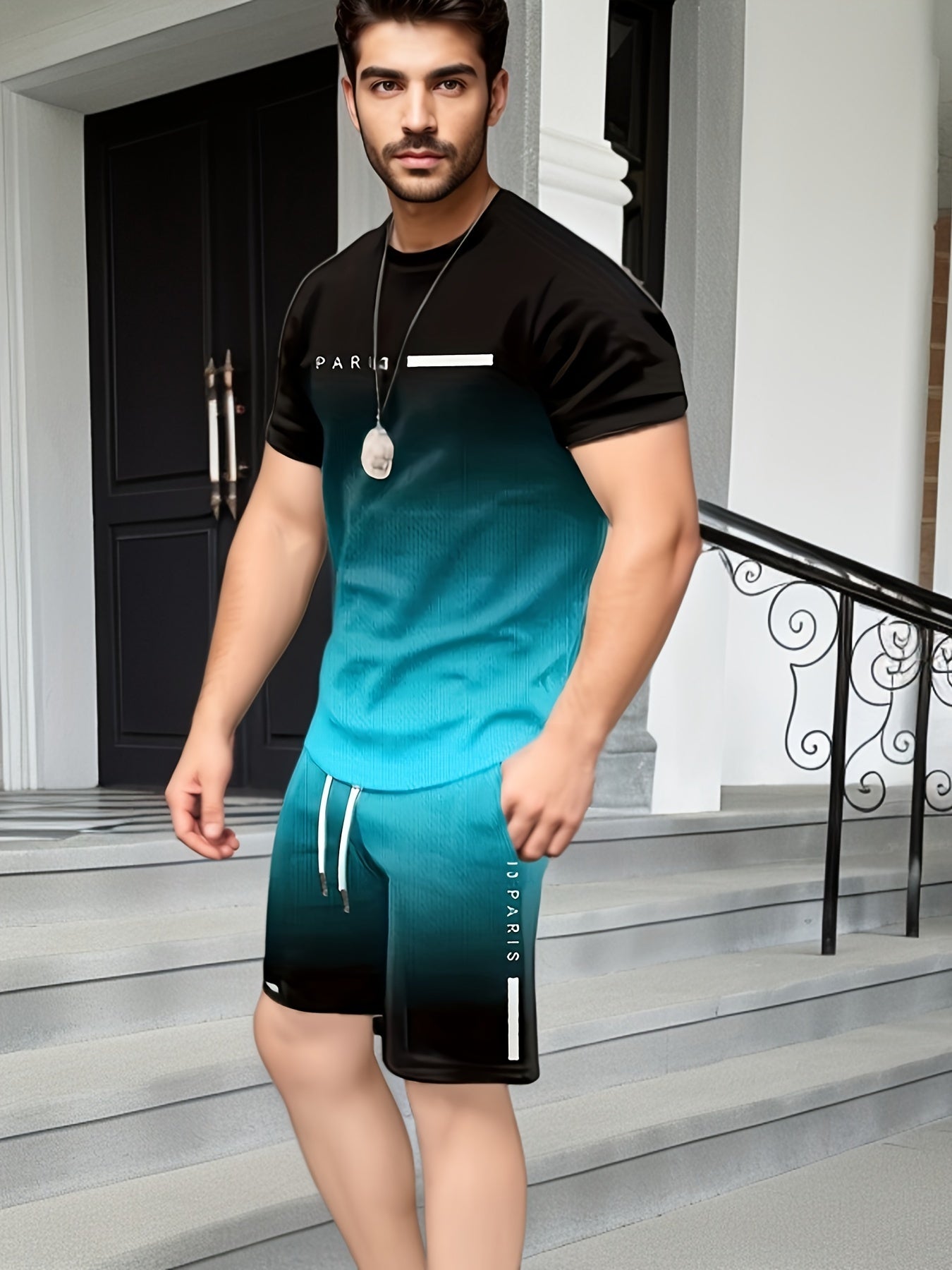 Men's Summer Sports Set Crew Neck T-Shirt and Shorts with "PARIS" Print Striped Pattern Slight Stretch Polyester Spandex