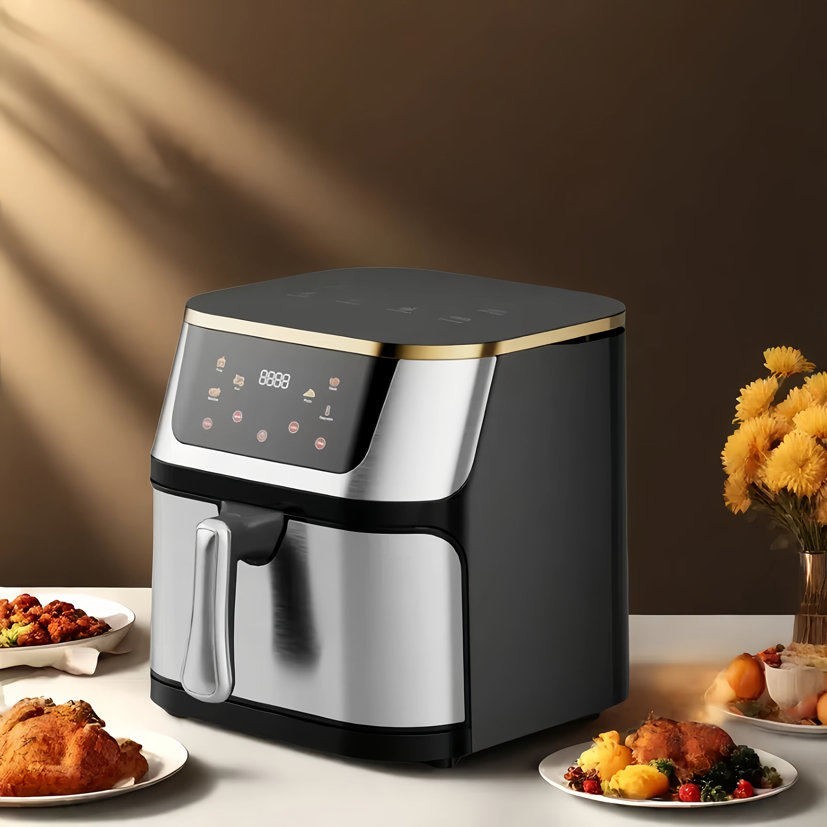 Family size electric air fryer with temperature control, non-stick coating, 10 preset touch options, and multiple cooking functions