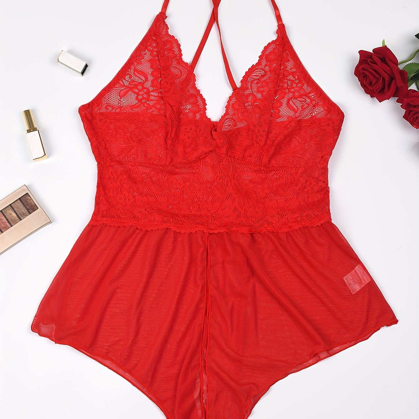 Body de encaje de malla para mujer talla plus con abertura en entrepierna, teddy sexy, lencería