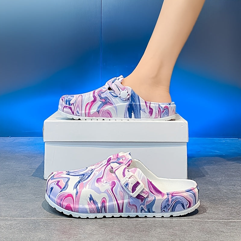 Women’s Summer Tie-Dye Clogs With Floral Design And Thick EVA Soles