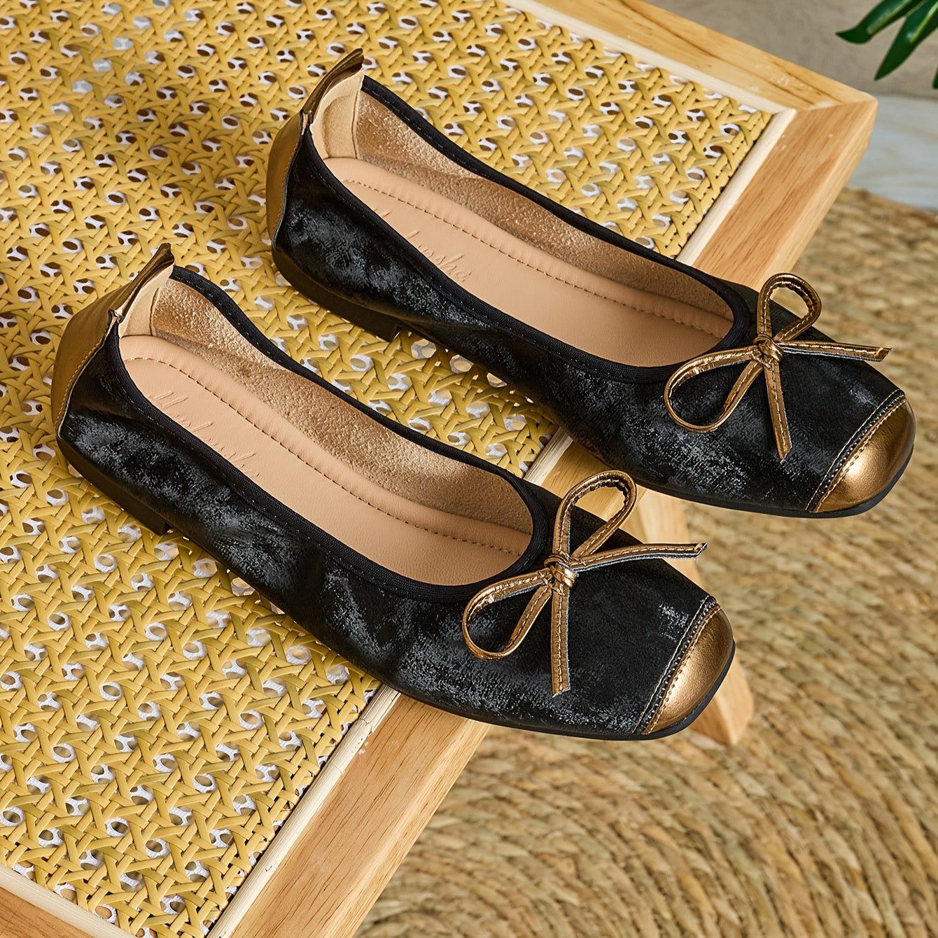Zapatos planos de ballet negros para mujer con lazo dorado, zapatos sin cordones