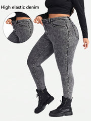Plus-Size High-Waisted Skinny Jeans Heather Gray Woven Denim Distressed