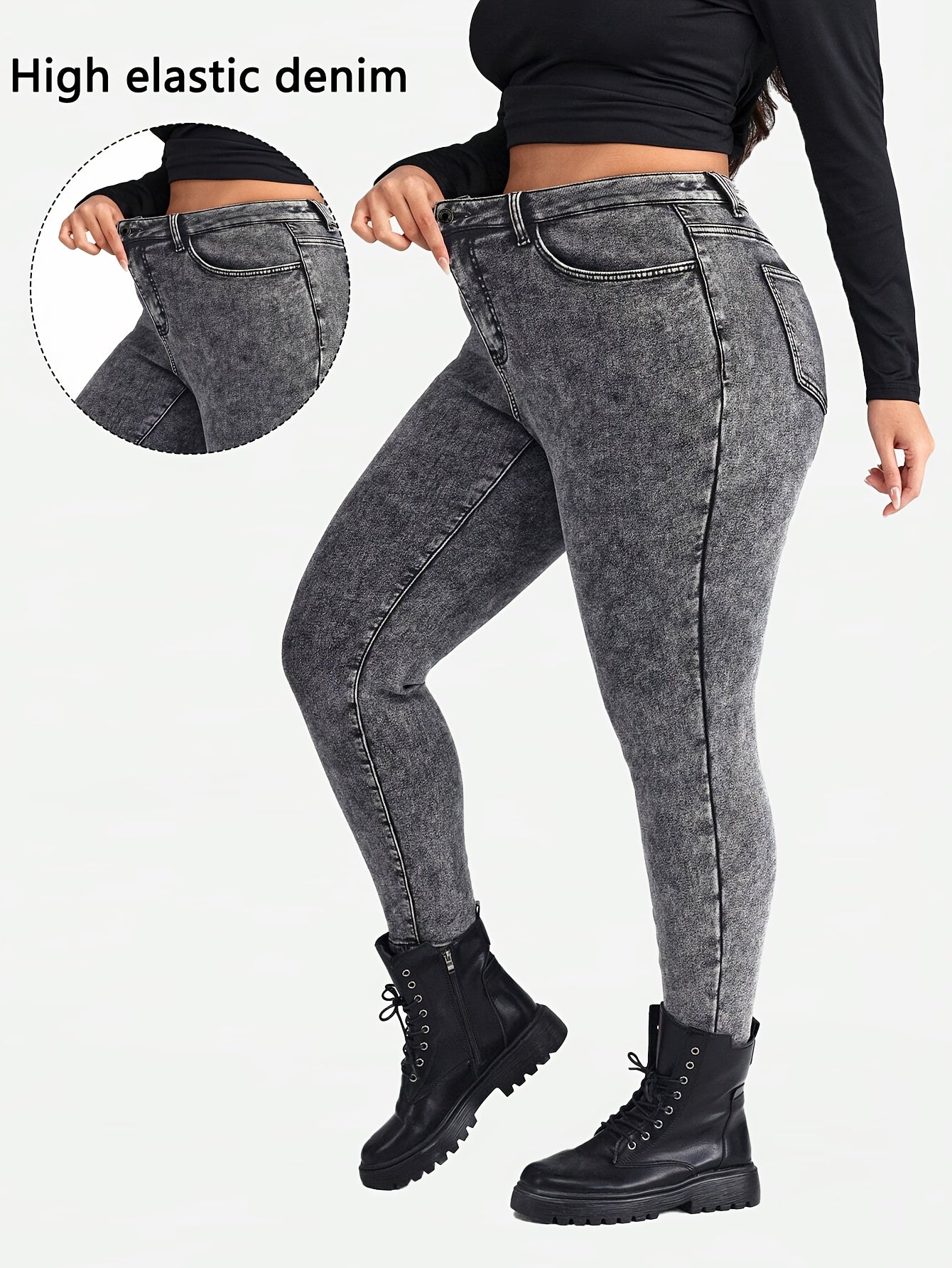 Plus-Size High-Waisted Skinny Jeans Heather Gray Woven Denim Distressed