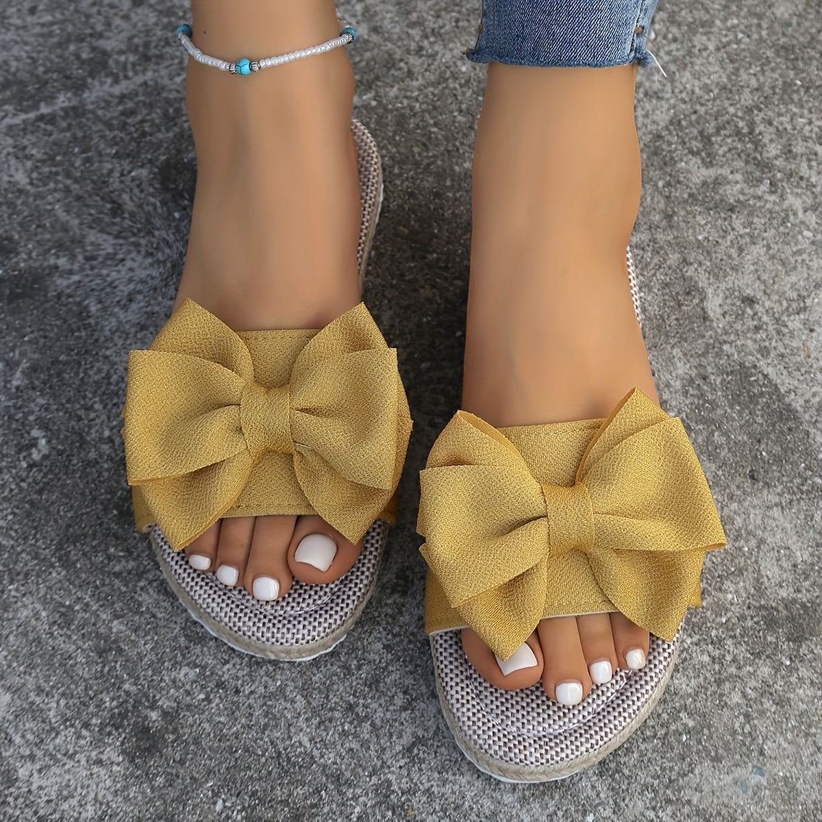 Women's Summer Sandals Flat Slides with Cushioned Insoles and Bow Design