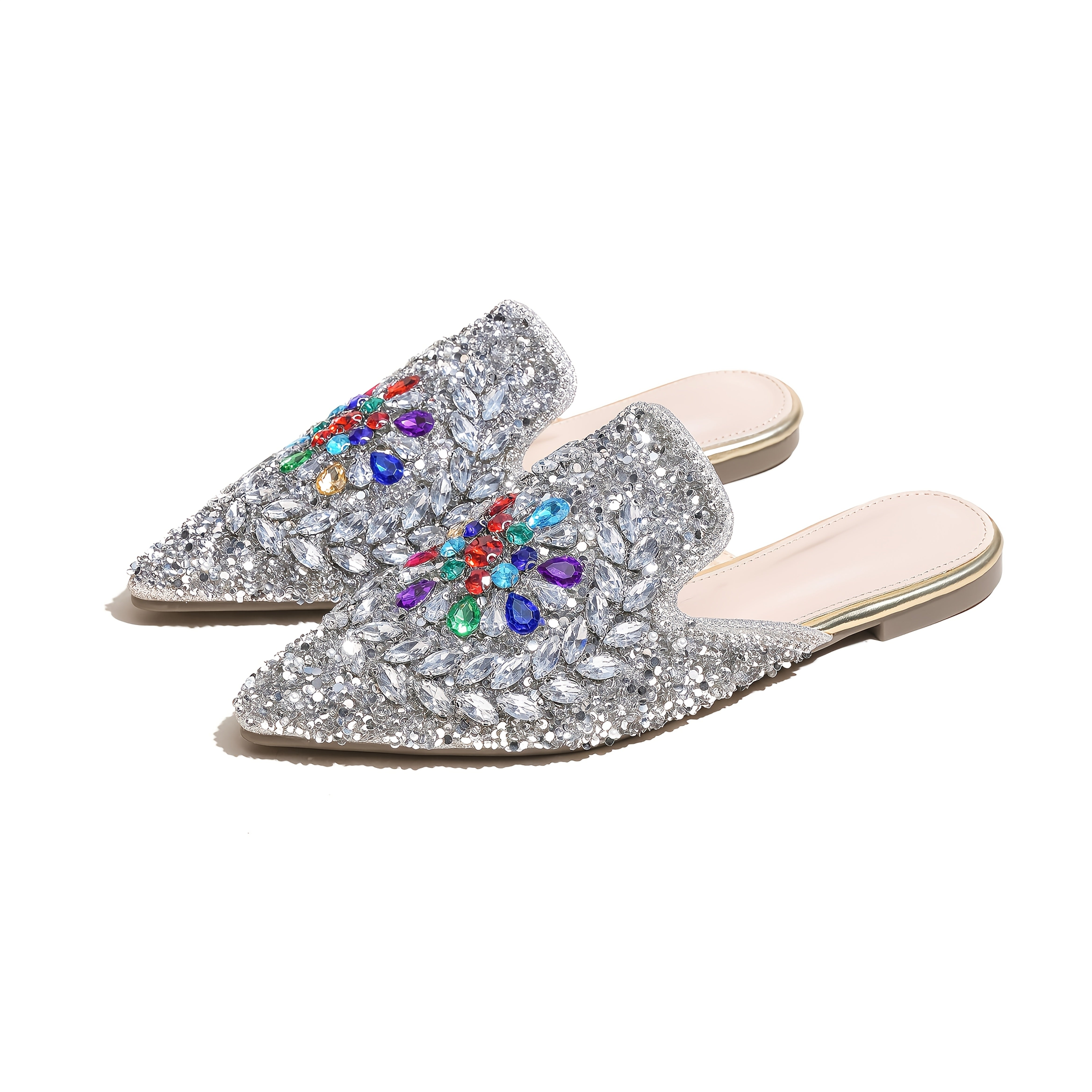 Women's Rhinestone-Embellished Champagne Pointed Toe Flat Sandals Slip-On Summer Shoes