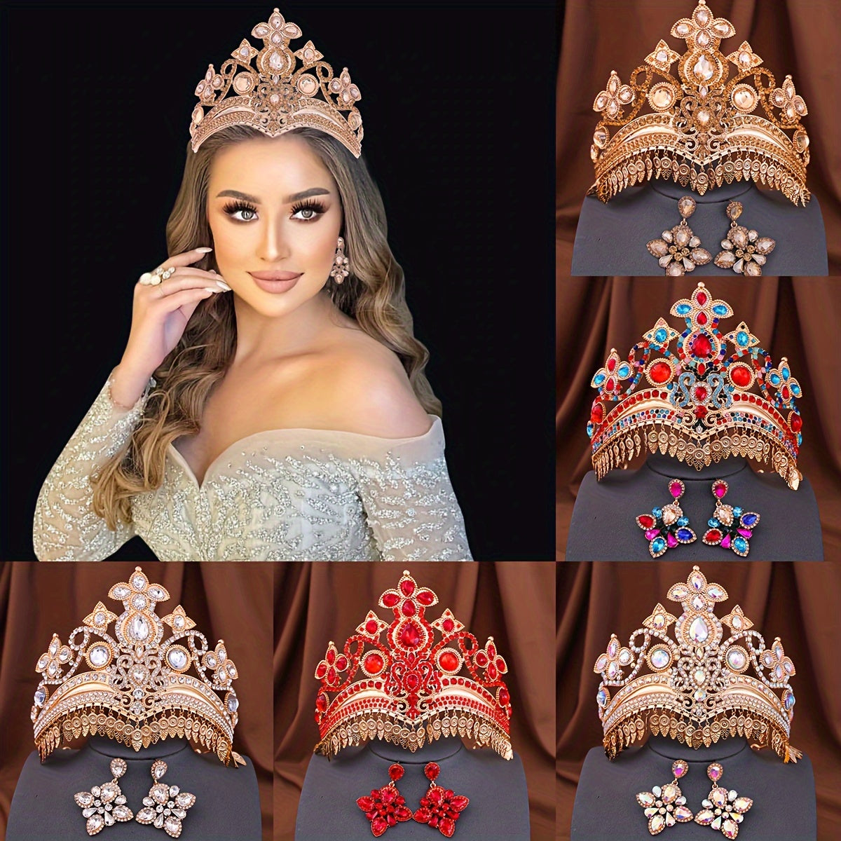 2-Piece Rhinestone Crown and Earrings Set for Princesses and Queens Bridal Wedding Headpiece Alloy Jewelry