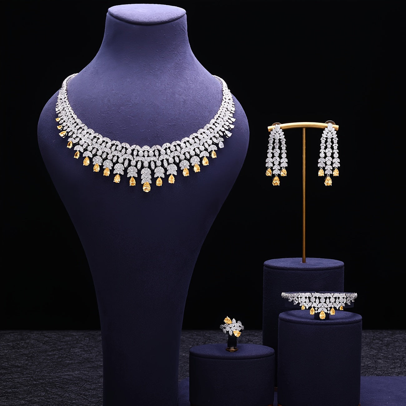 White Cubic Zirconia Bridal Jewelry Set Necklace Earrings Ring Gold Plated Wedding Accessories