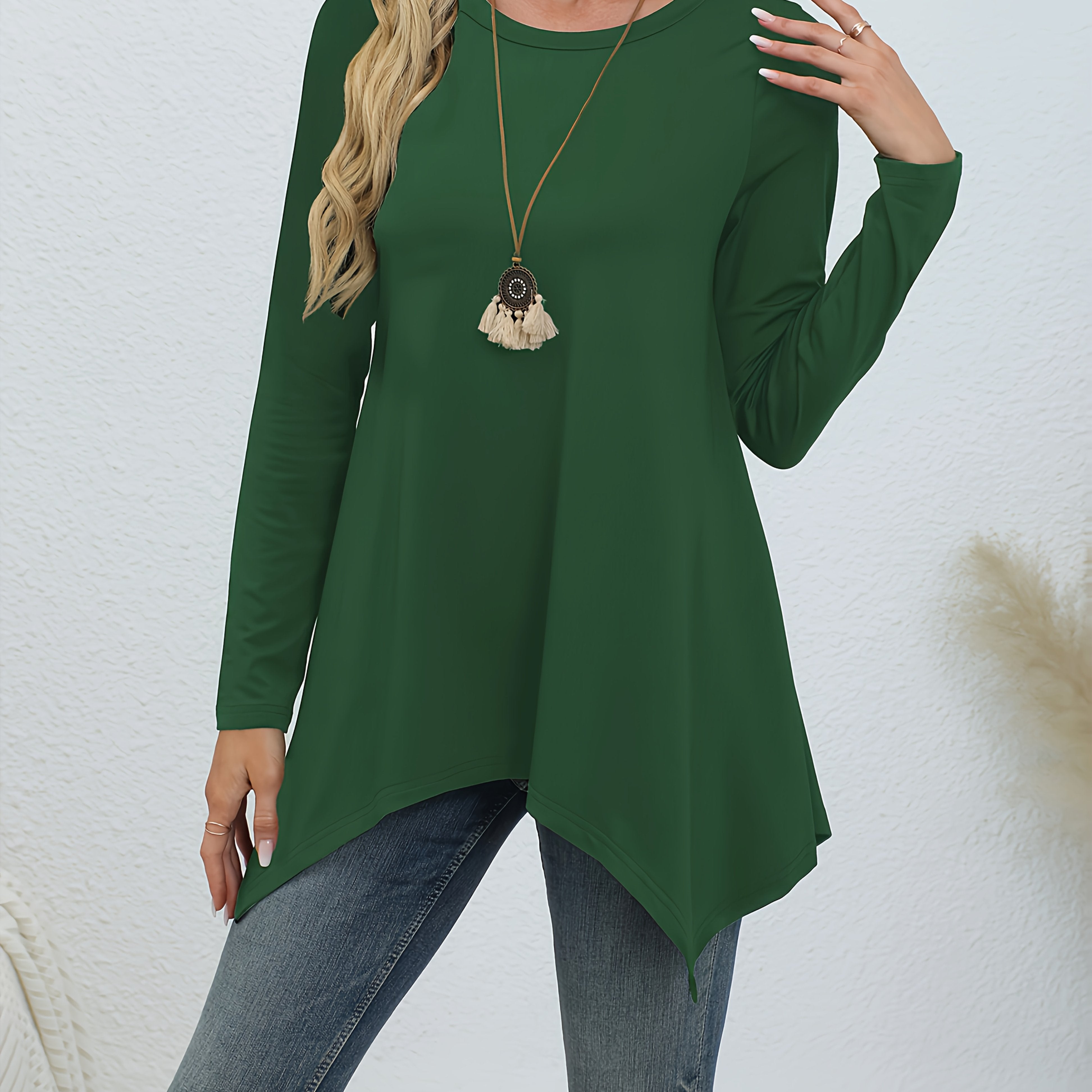 Women's Polyester Lounge Top Long Sleeve Round Neck Asymmetric Hem Casual