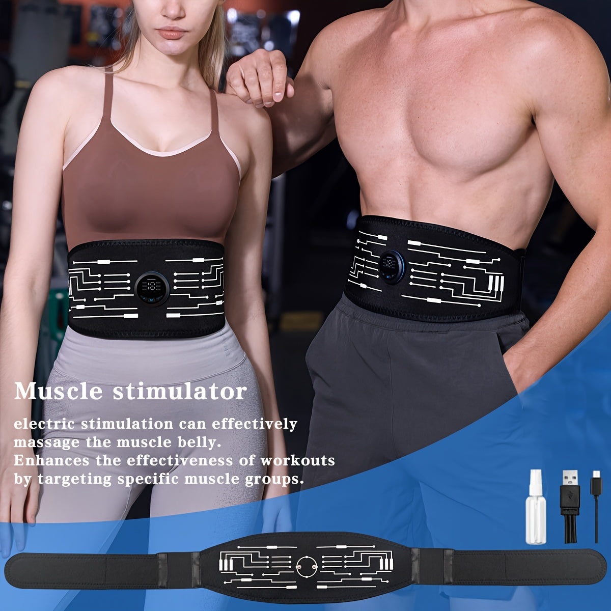 Ремень для стимуляции мышц EMS с 6 режимами, 18 уровнями интенсивности, USB-зарядка, для всего тела