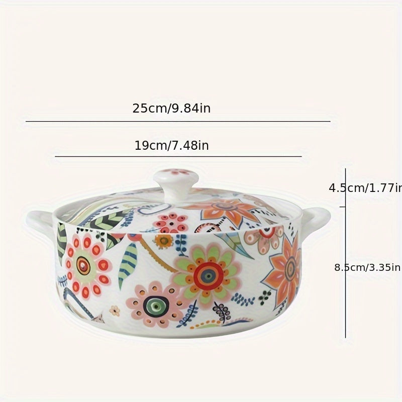 Olla de sopa tradicional china de cerámica con doble asa, patrón floral y tapa