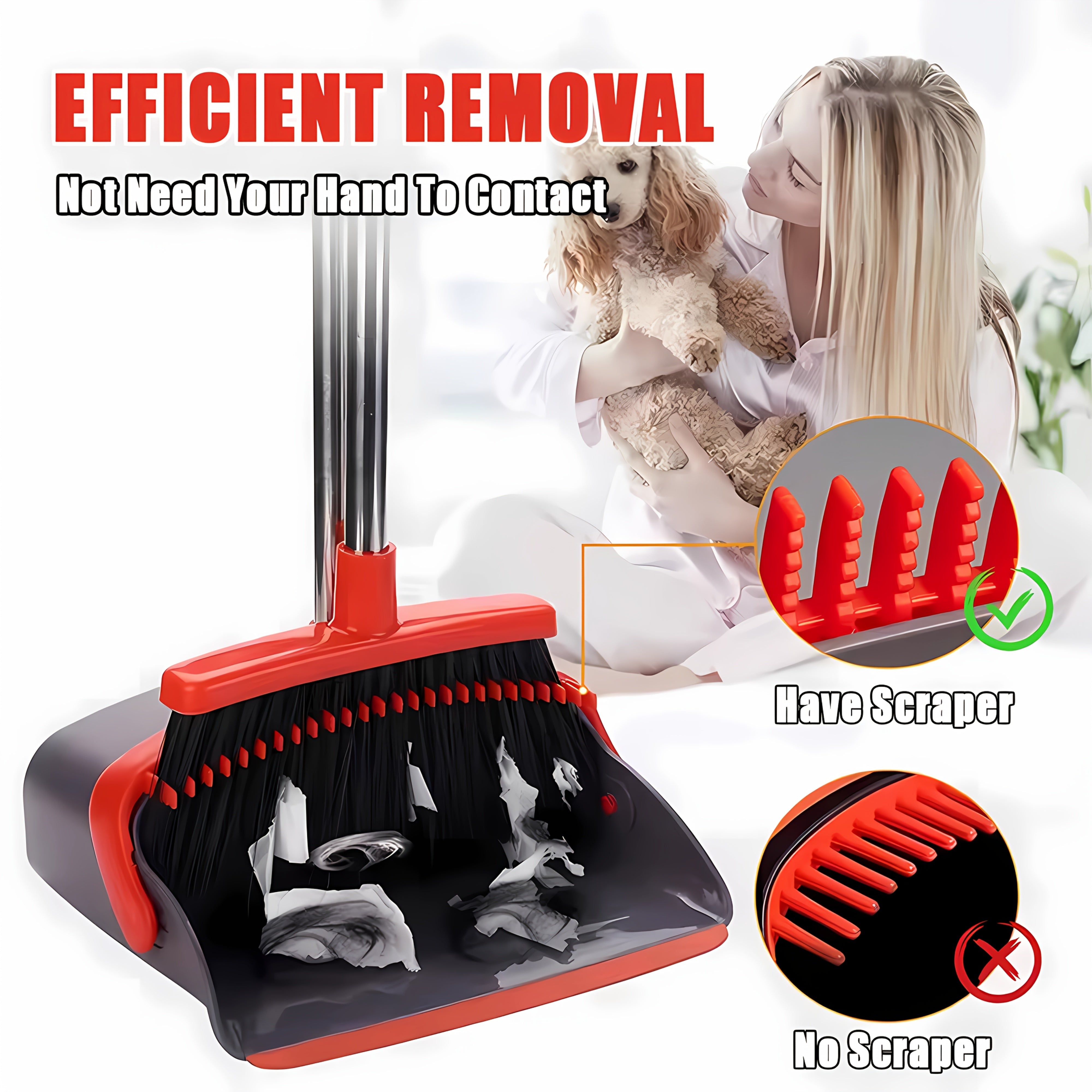 Conjunto de escoba y recogedor de múltiples superficies en negro y rojo con dientes autolimpiables