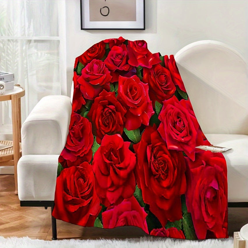 Red Rose Print Flannel Throw Blanket Cozy Warm Gift for Couch Bed or Travel