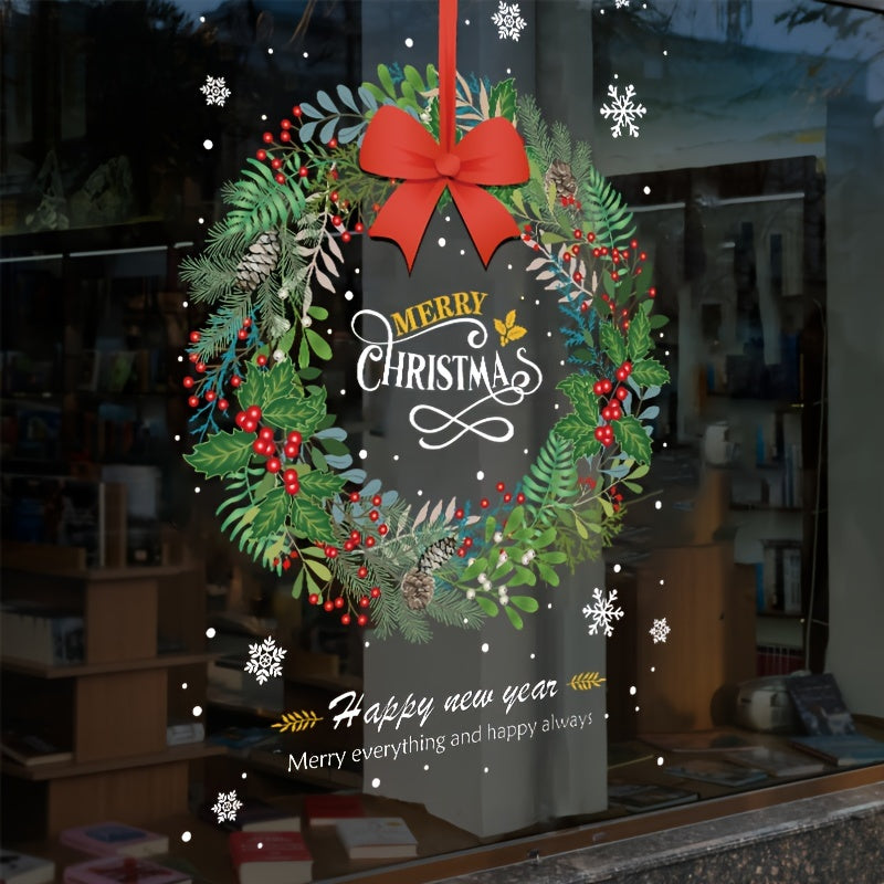 Set of 2 Christmas Wreath Window Clings Holiday Decor for Glass Doors