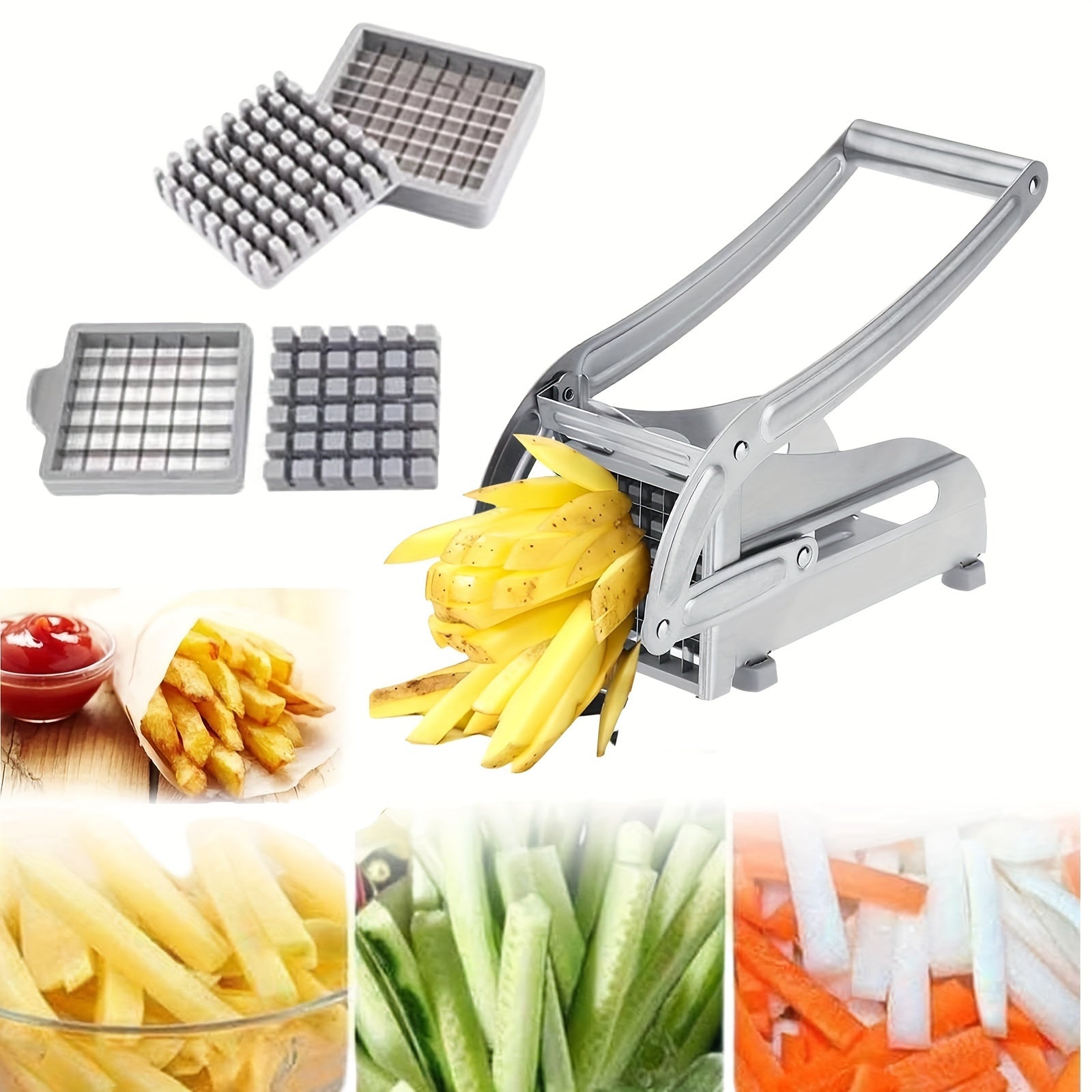 Stainless Steel French Fry Cutter with Non-Slip Grip 1/2 Inch and 3/8 Inch Blades for Fruits and Vegetables