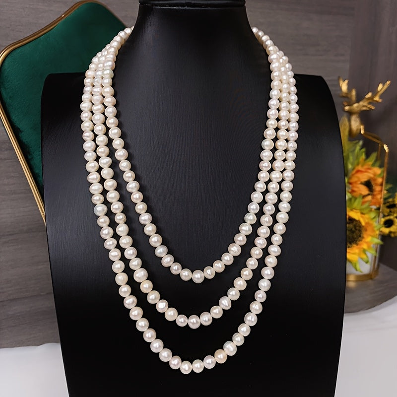 Vintage French Long Pearl Necklace for Women Three-Layer Freshwater Pearl Elegant Jewelry
