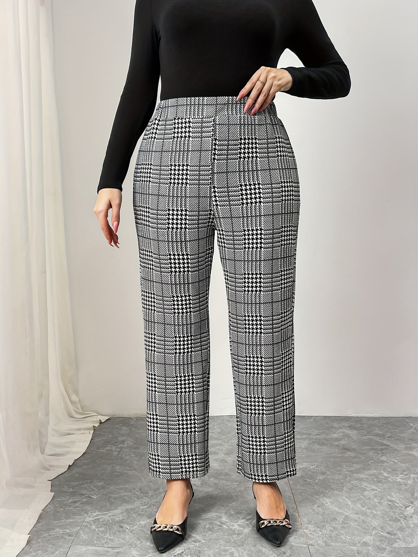 Plus Size Women’s Straight Leg Pants Polyester Knit Geometric Houndstooth