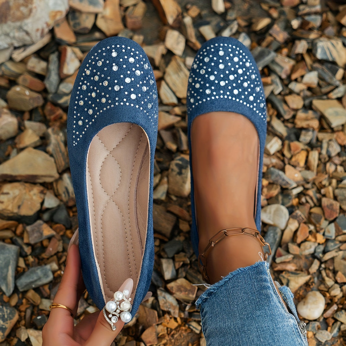 Women's Navy Blue Velvet Flats with Rhinestones for Casual Walking