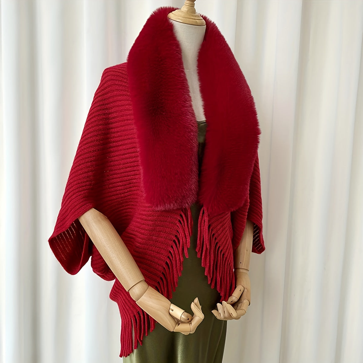 Winter Shawl with Faux Fur Collar Solid Color Loose Fit Knit Wrap Coat