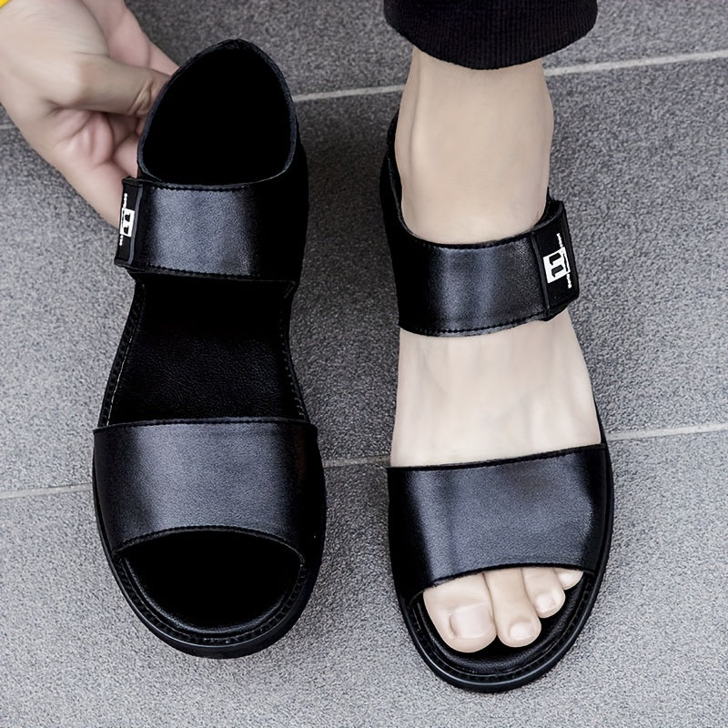 Мужские летние повседневные сандалии из разделанной кожи, резиновая подошва, застежка-липучка, однотонный цвет