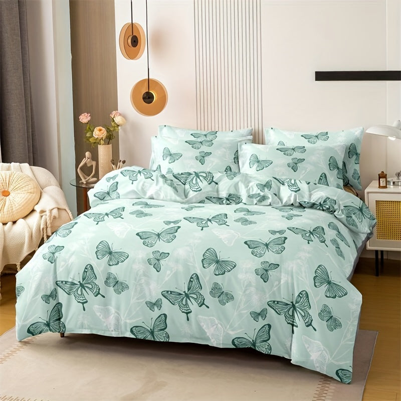 3-Piece Butterfly Print Duvet Cover Set Made of Soft Breathable Polyester All-Season Bedroom Decor