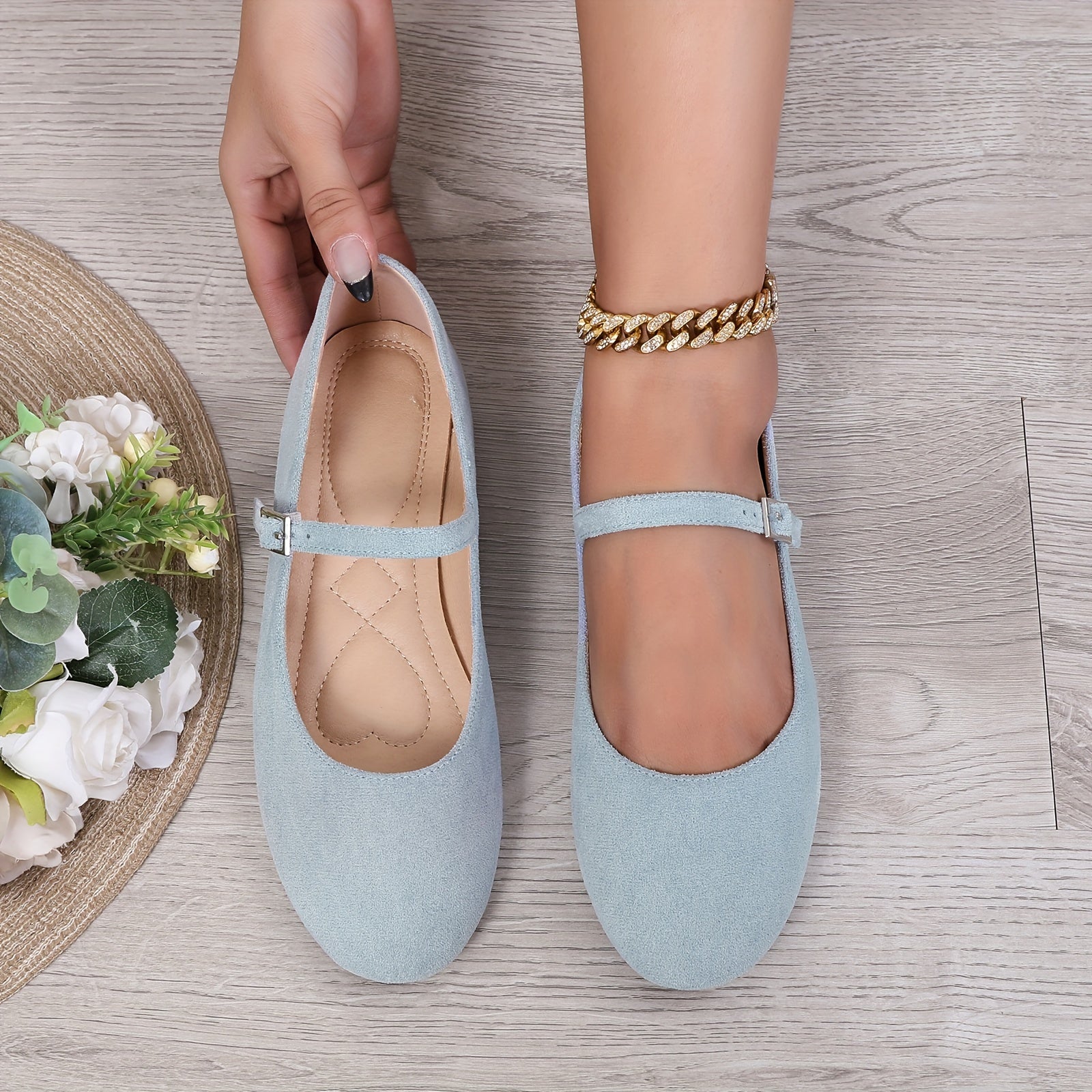 Women's Flat Shoes Buckle Strap Solid Color Ballet Flats