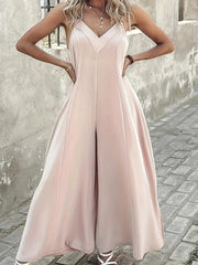 Women's Plus Size Black Sleeveless Jumpsuit Polyester Elastane Casual V-Neck Wide Leg