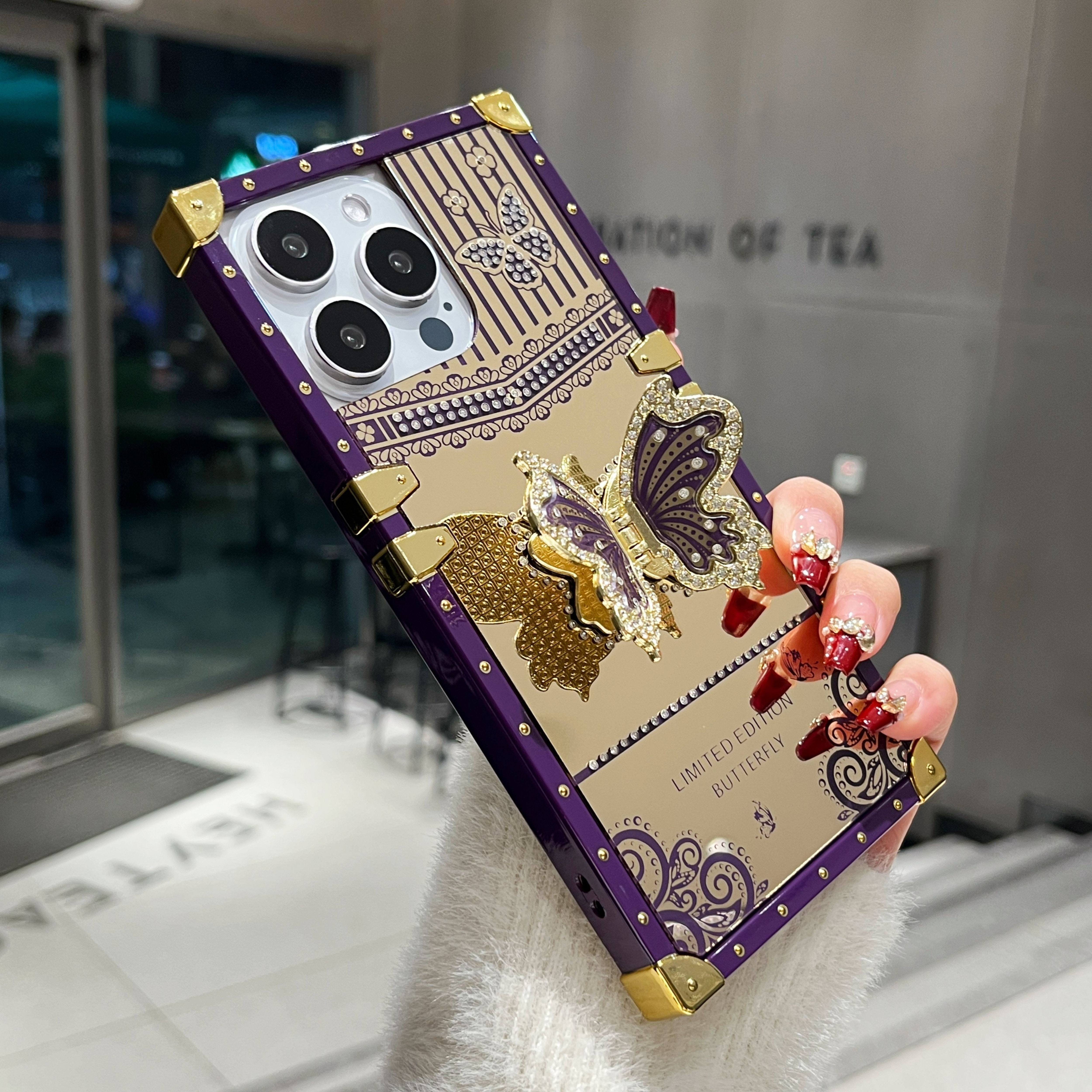 Gold-Plated Butterfly Stand Phone Case for iPhone 16 Pro Max/15/14/13 Pro Max with Holder and Elegant Design