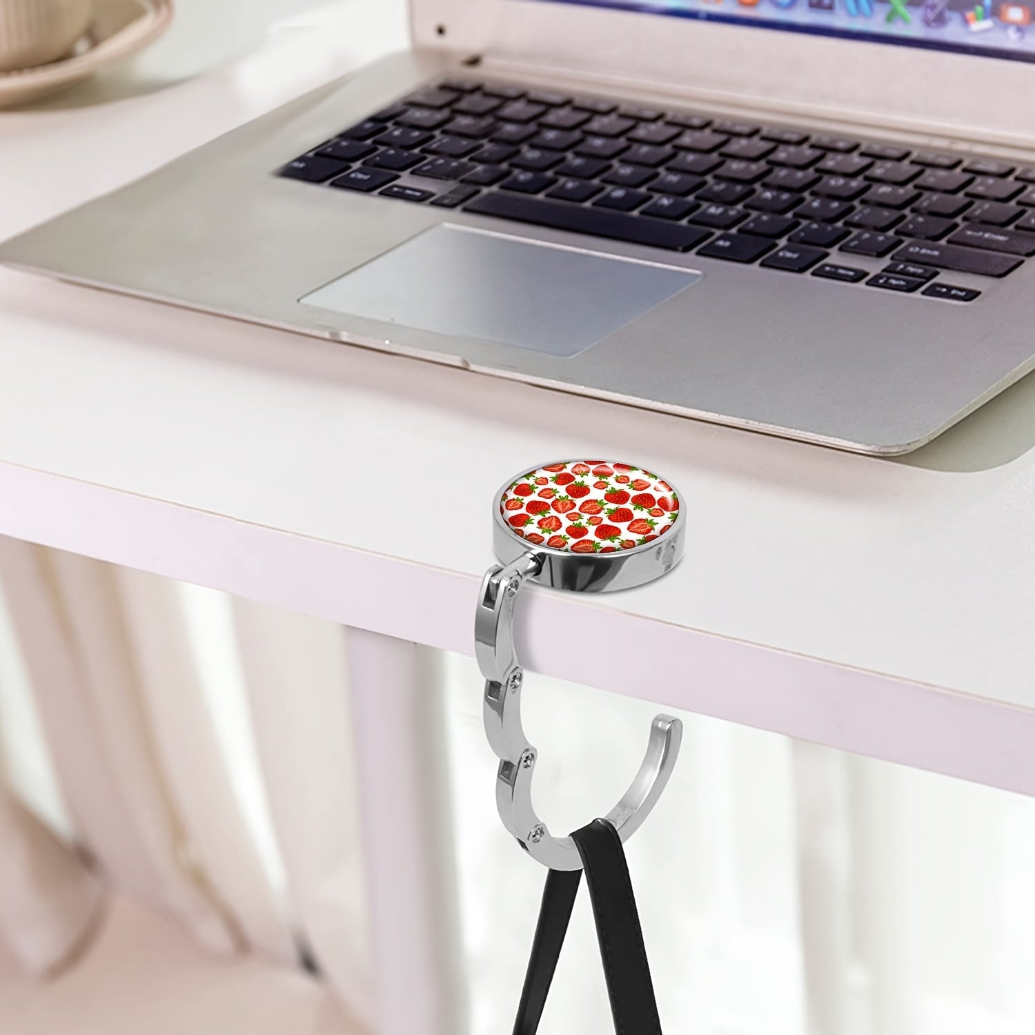 Colgador de bolso boho con estampado de fresa, gancho metálico plegable para almacenamiento de bolsos