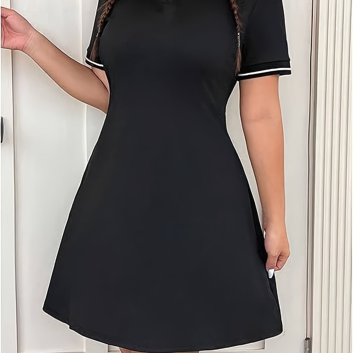 Women's Plus Size Black A-Line Dress with White Trim Short Sleeve Summer Outing Golf Tennis