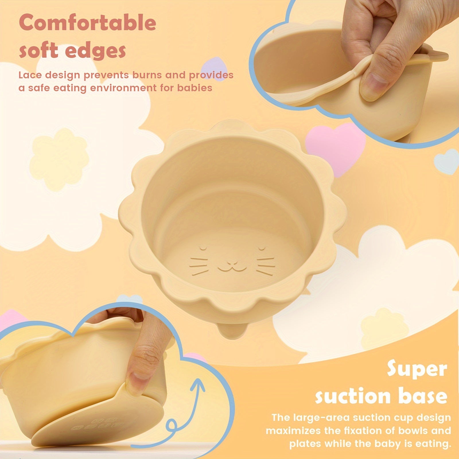 1 to'plam Yoshlar uchun oziq-ovqat darajasidagi silikon ovqatlanish idishi va qoshiq to'plami, mushuk mavzusida, barqarorlik uchun vakuumli qopqoq bilan. Yoshlar va uyda foydalanish uchun mos, yuqori haroratga chidamli.