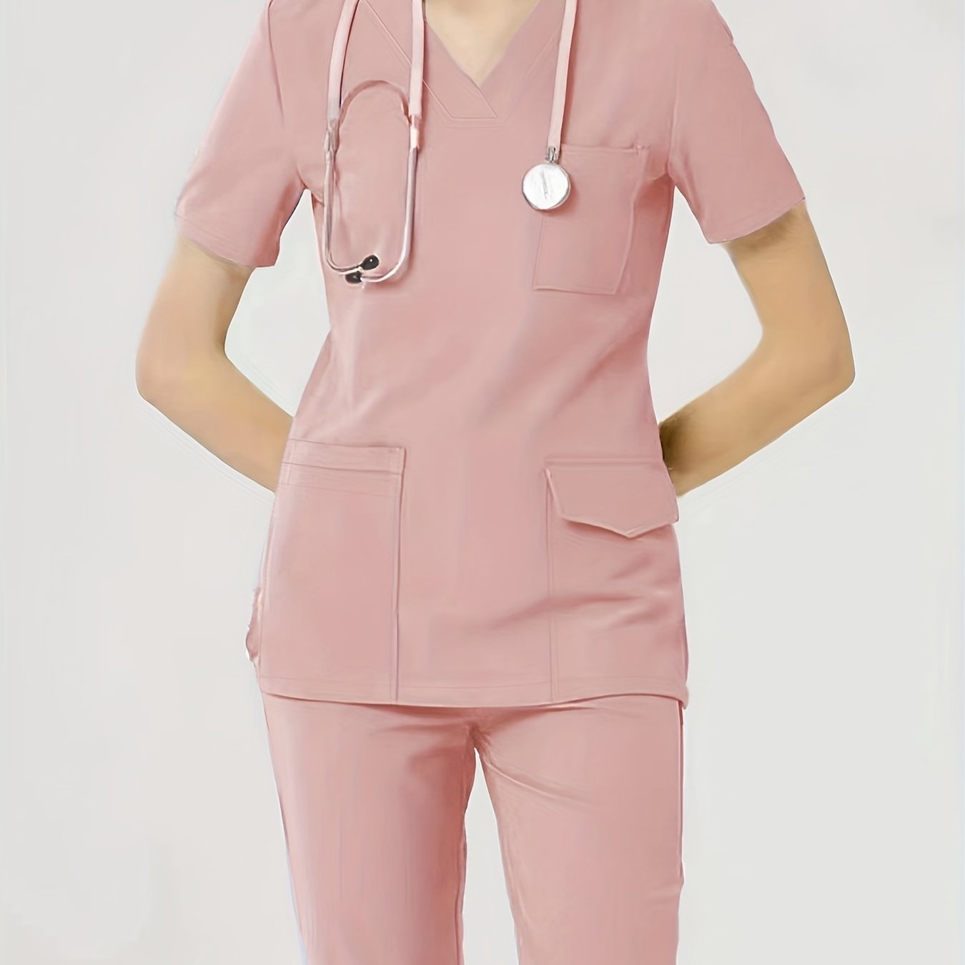 Women's Health Care Uniform Set V-Neck Top with Pockets and Solid Pants