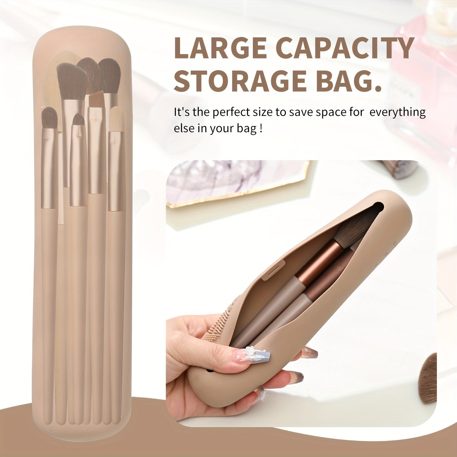 Organizador de silicona beige para brochas de maquillaje de viaje, a prueba de agua, con cierre magnético