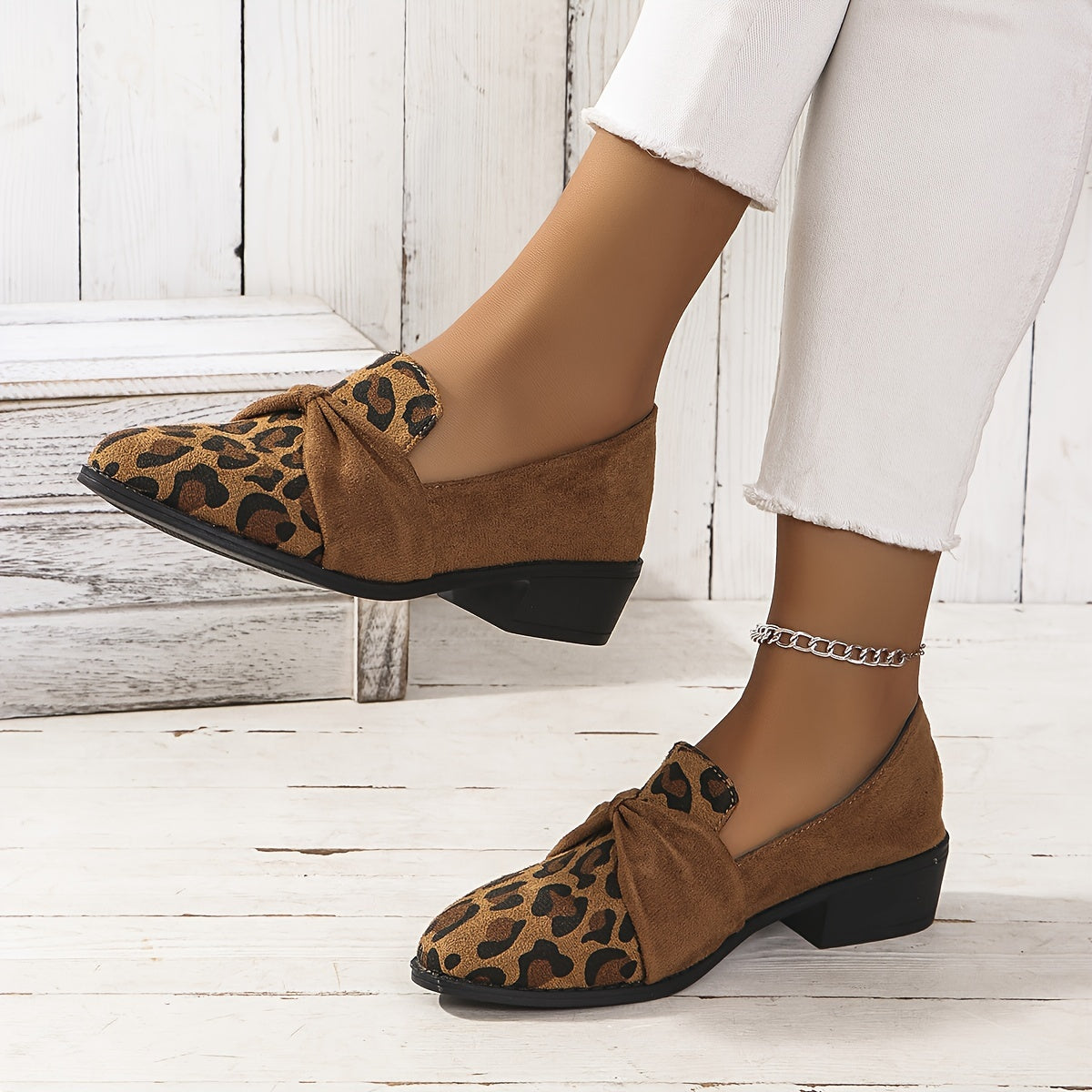 Women's Leopard Print Oxfords Flat Shoes with Rubber Sole & Spike Embellishments