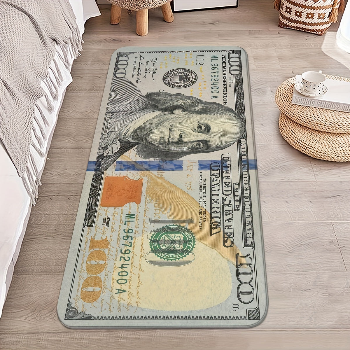 Non-Slip Runner Rug with $100 Bill Design, Machine Washable Polyester, Anti-Skid Backing