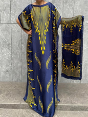 Plus Size Women's Batwing Sleeve Crew Neck Dress with Scarf Navy Blue Yellow Floral Fits All Seasons